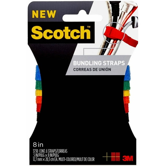 Scotch Bundling Strap, 0.5 in. x 8 i.n, Assorted Colors, 6/Pack