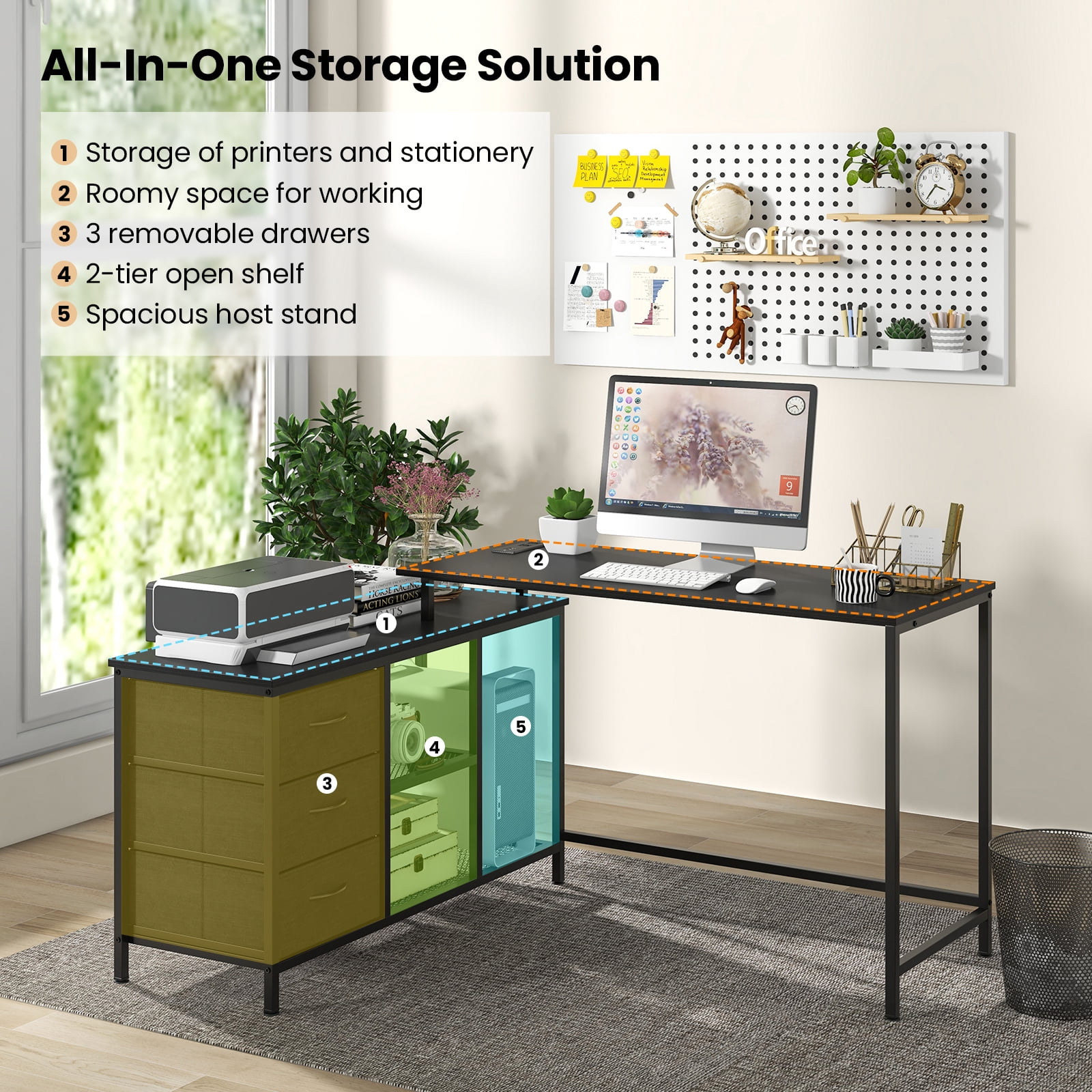 Topbuy L-Shaped Computer Desk with Drawers & Shelves 81” Convertible Home Office Desk with Charging Station Black