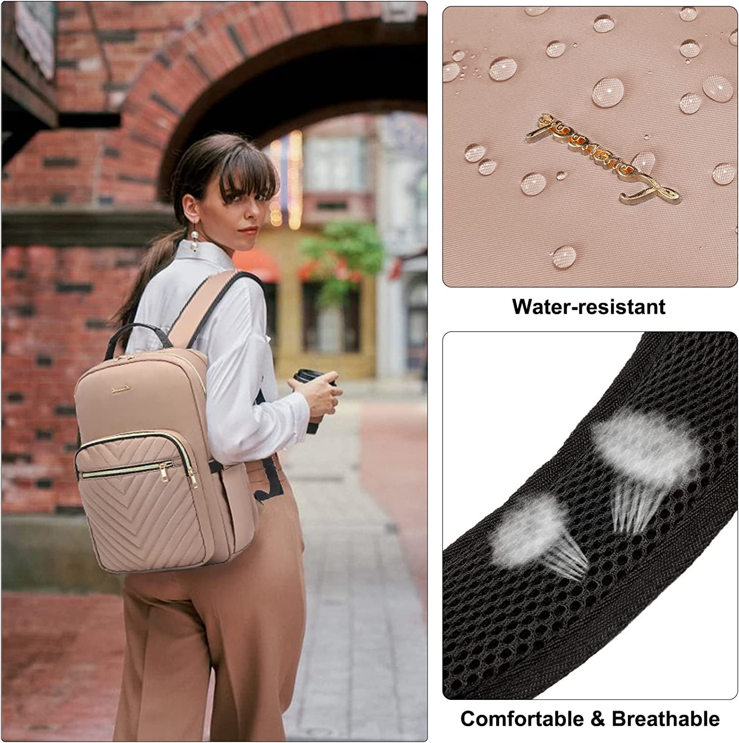 Lovevook Laptop Backpack for Women, 15.6" Quilted Travel Backpack with Anti-Thief Pocket, Teacher Backpack Book Bag Nurse Bag Purse with USB-Coffee Brown