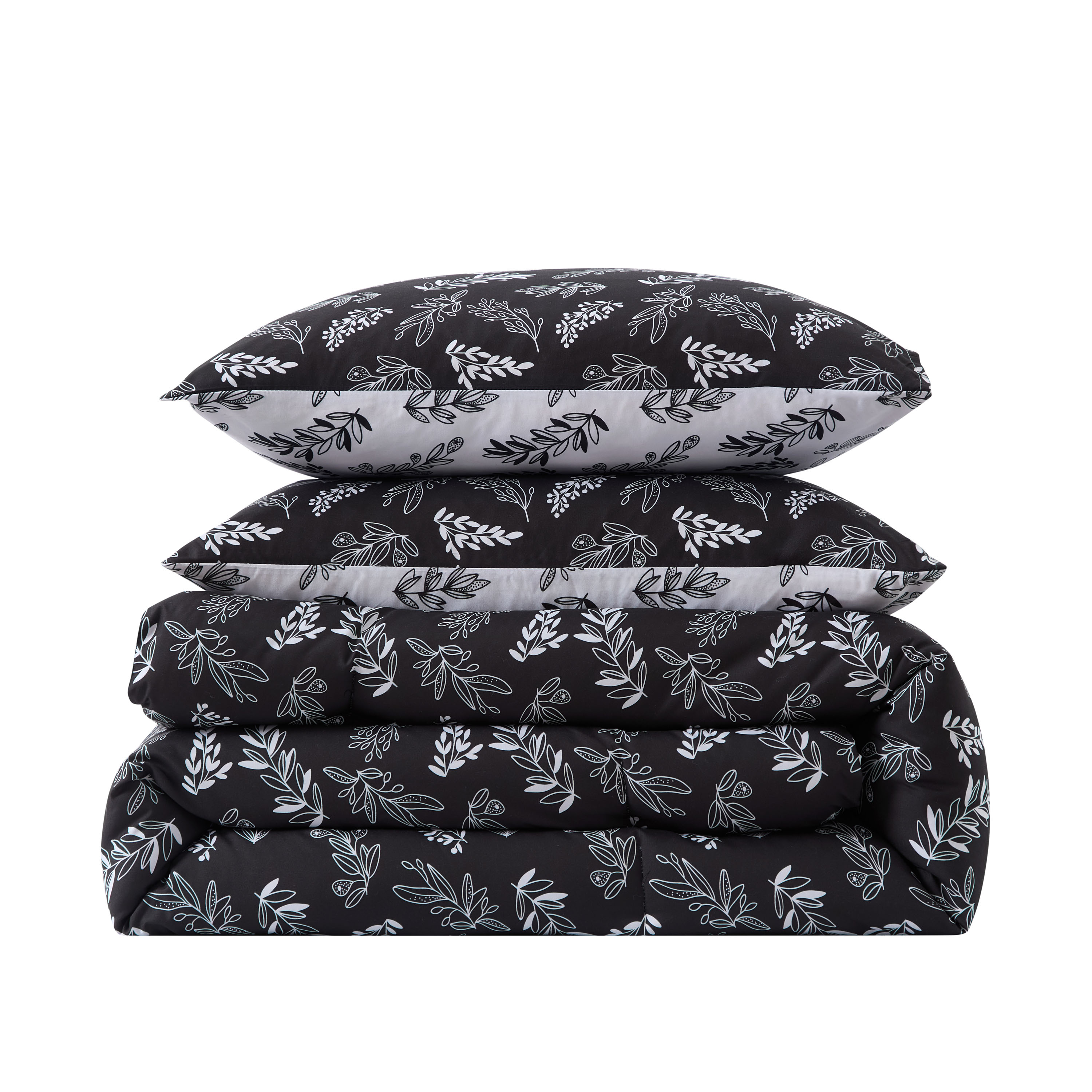 LammaLoe Queen comforter set, 3 Piece Botanical Bed in a Bag, Reversible Bedding Comforter Set with Sheets, Modern Bed Set, Jet Black/Optical White