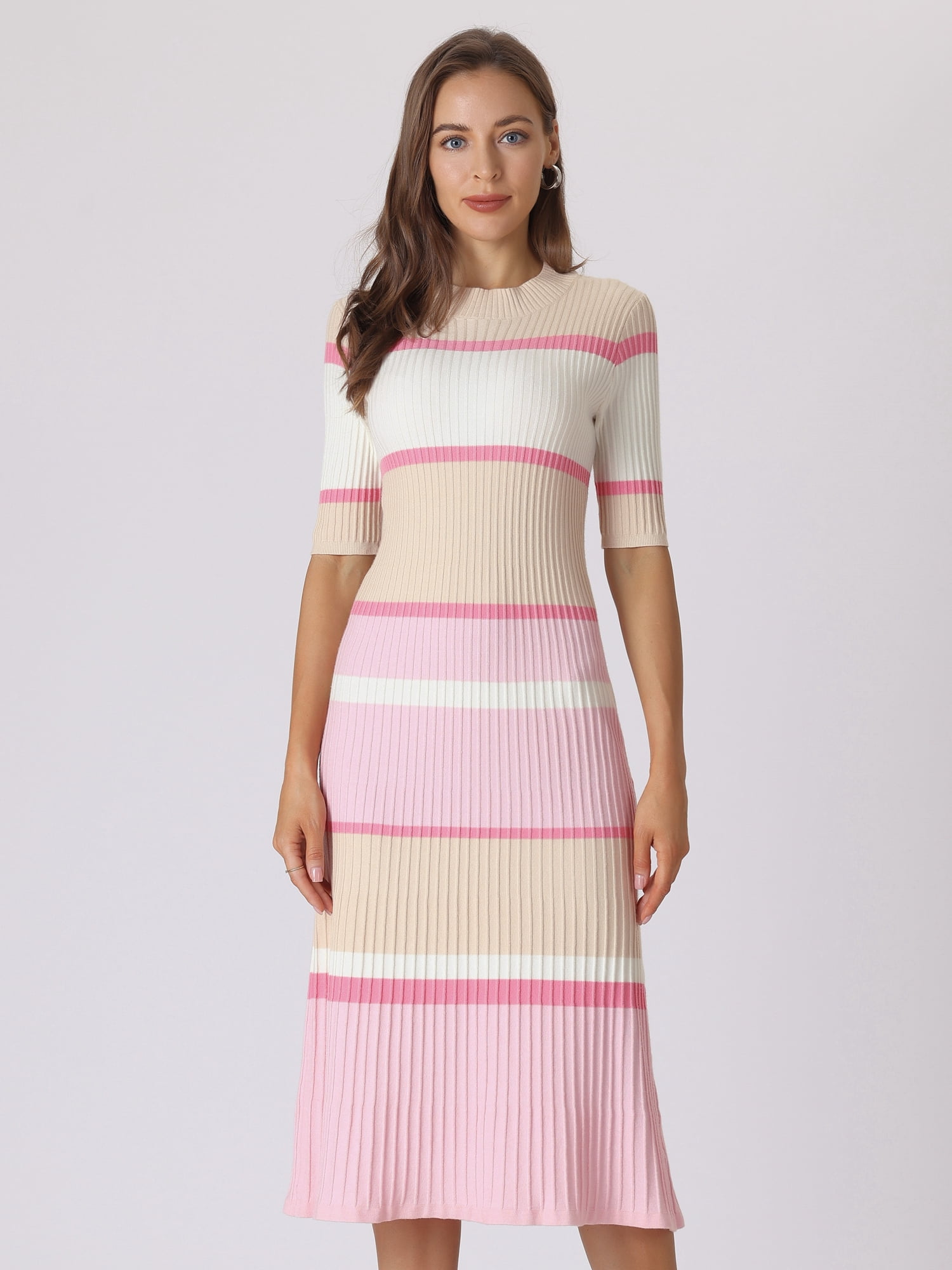 DARING DIVA Women's Striped Short Sleeve A-Line Midi Dresses M Pink