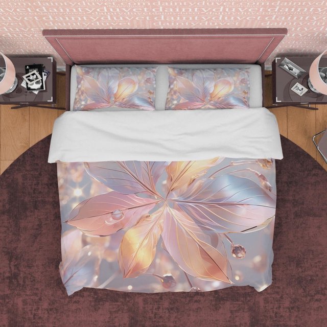 Juego de Cama Holográfico Gotas de Agua Funda Nórdica Boho, Colcha Hoja Color Pastel