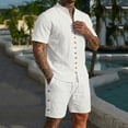 thumbnail image 7 of BLTIBY Mens Linen Outfits 2 Piece Set Casual Short Sleeve Button Down V Neck Shirts Loose Drawstring Shorts Soft Beach Vacation Loungwear White XL, 7 of 7