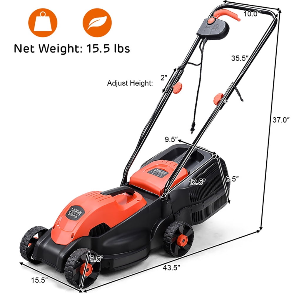 Resenkos 14” 12-Amp 120V Corded Electric Push Lawn Mower, Height Adjustable, with Grass Bag, Red