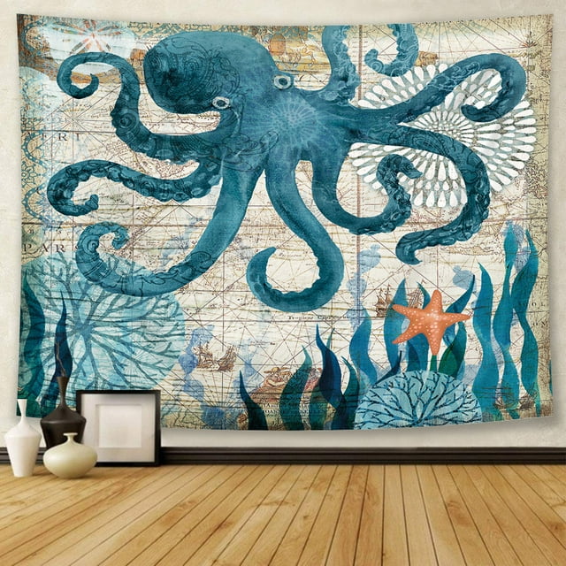 Tapiz para colgar en la pared con mapa náutico con forma de pulpo y océano, 130 x 150 cm