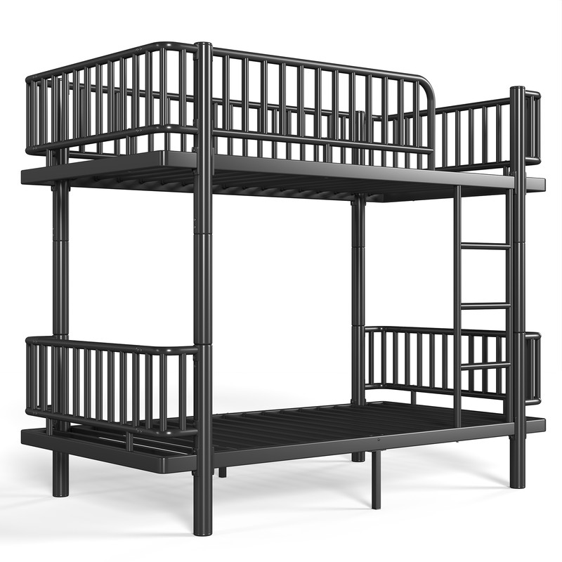 Twin-over-Twin Teens Bunk Bed Can Transformed into 2 Platform Beds, Metal Kids Bed Frame with Round-Pipe, Ladder & Guardrails