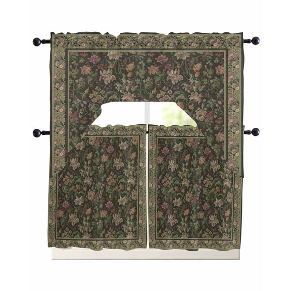 Sage Green Floral Boho Swag Curtains for Living Room/Bedroom Windows, Ethnic Tribe Abstract Art Flower Kitchen Curtains and Valances Set 36 Inch Length, Light Filtering Swags Valance Curtain Panels