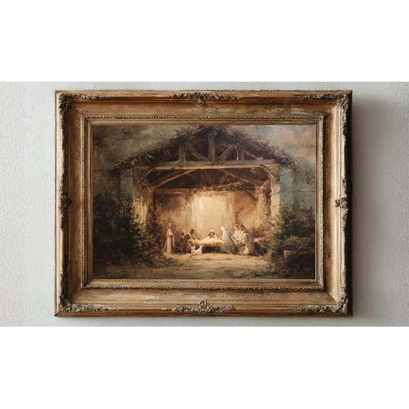 Vintage Nativity Scene Art, Holy Family Painting, Rustic Christmas Manger Print, Religious Holiday Poster Decor