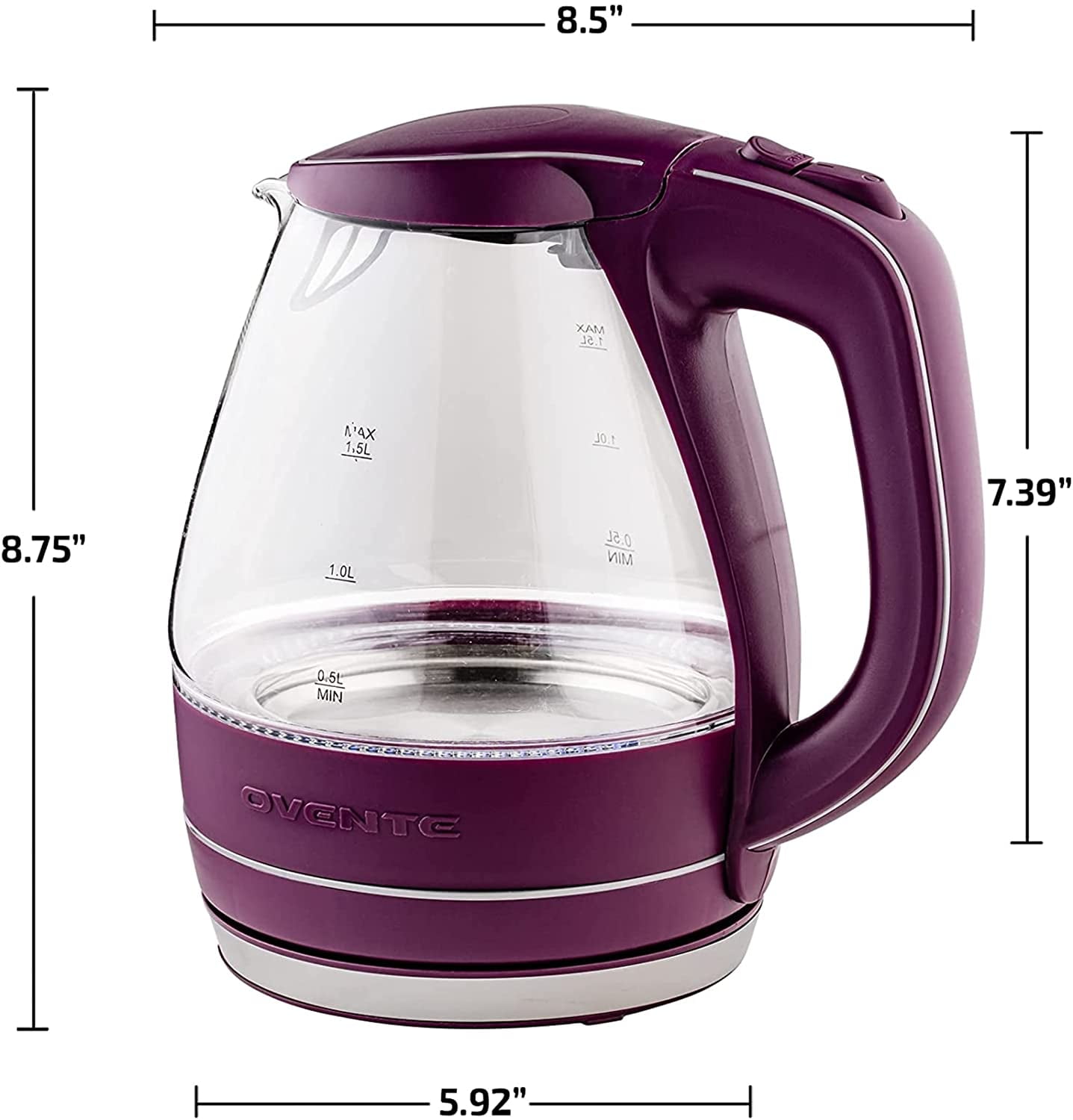 Ovente Portable Electric Glass Kettle 1.5 Liter with Blue LED Light and Stainless Steel Base Fast Heating Countertop Tea Maker Hot Water Boiler with Auto Shut Off Boil Dry Protection Purple KG83P Walm...