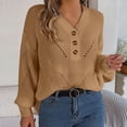 thumbnail image 2 of JGGSPWM Solid Sweaters for Womens Classic Tops Fall Jumper Button Up Hollow Knit Sweater V Neck Long Sleeve Pullover Khaki M, 2 of 9
