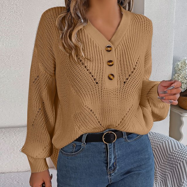Suéter de cuello en V para mujer, moda informal, botones, manga larga, cuello en V, suéter cálido para salir.