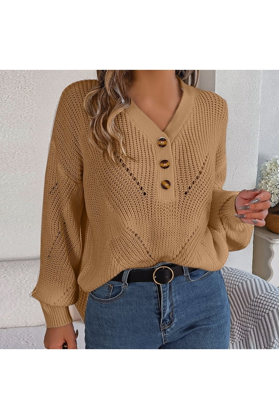 Womens Lantern Long Sleeve Sweater Hollow Out Button Up V Neck Jumper Oversized Chunky Sweaters Fall Casual Jumpers