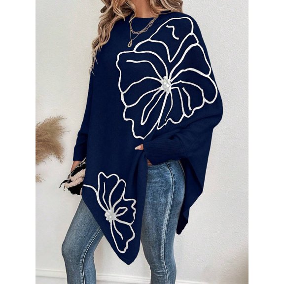 Womens Blue 3D Floral Applique Batwing Sweater