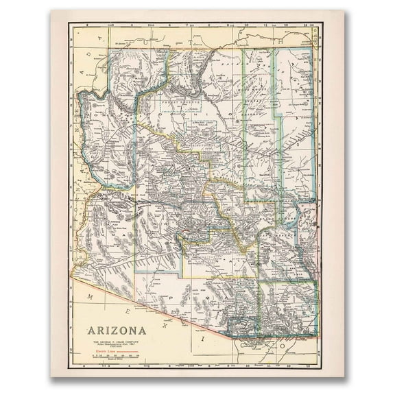 Arizona 1895 Vintage Map 11x14 Unframed Print–Antique Cram’s Atlas Poster, Historical Cartography Reproduction-Arizona Territory, Rustic Wall Art for Living Room, Office, Library, Study, Classroom
