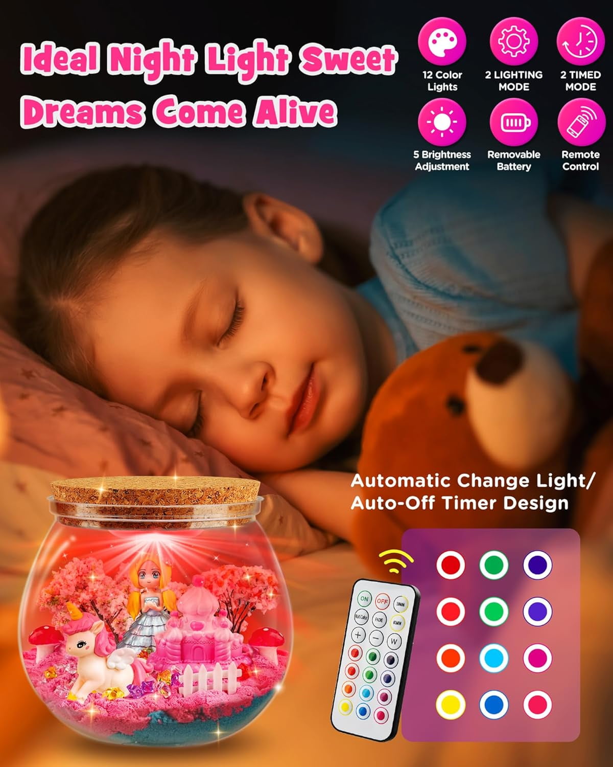 D-FantiX Unicorn Princess Toys Terrarium Kit, LED Dino Night Light, Diy Arts and Crafts Science Projects Kit, Birthday for Boys Age 3-12 Year Old