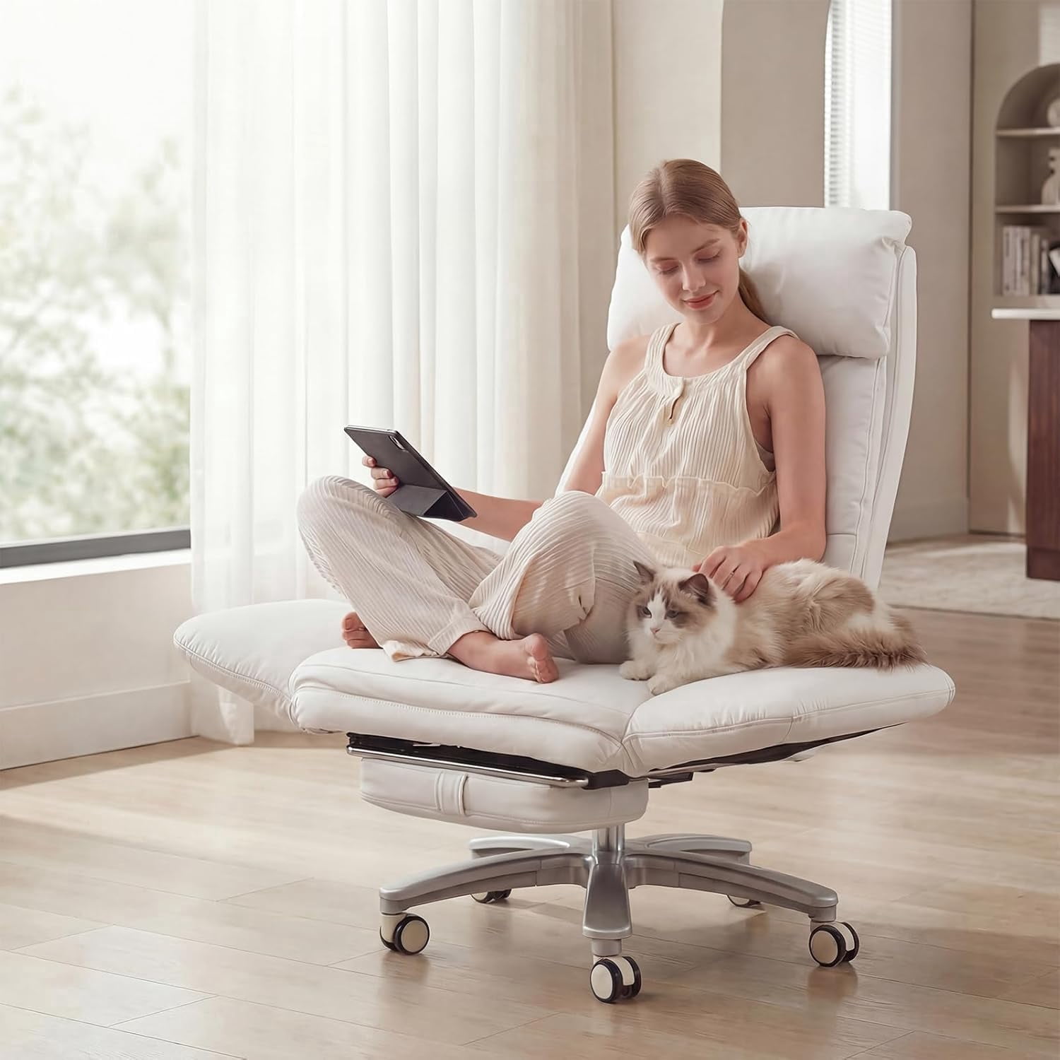 Genpo Criss Cross Desk Chair, Cross Legged Office Chair with Wheels, White Leather Big and Tall Reclining Office Chair 500lbs with Foot Rest, Reversible Armrests & Wide Seat