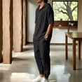 thumbnail image 4 of Men's Beach Outfit 2 Piece Linen Casual Button Down Henley Shirt Short Sleeve Loose Drawstring Hoodie and Harem Pants Vacation Sets for Men Size 3XL Black, 4 of 9