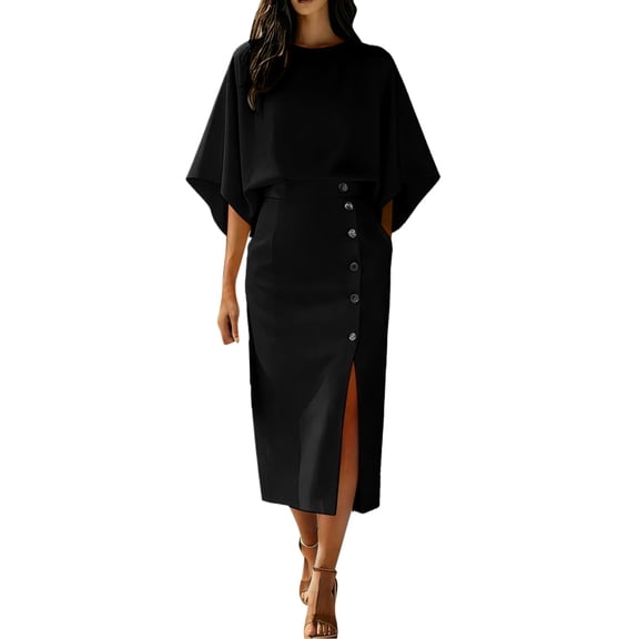 RFQWOVSR Women's Solid Color Elegant Round Neck Short Sleeve Top Midi Skirt 2 Piece Set Casual Office Summer Dress Outfit M