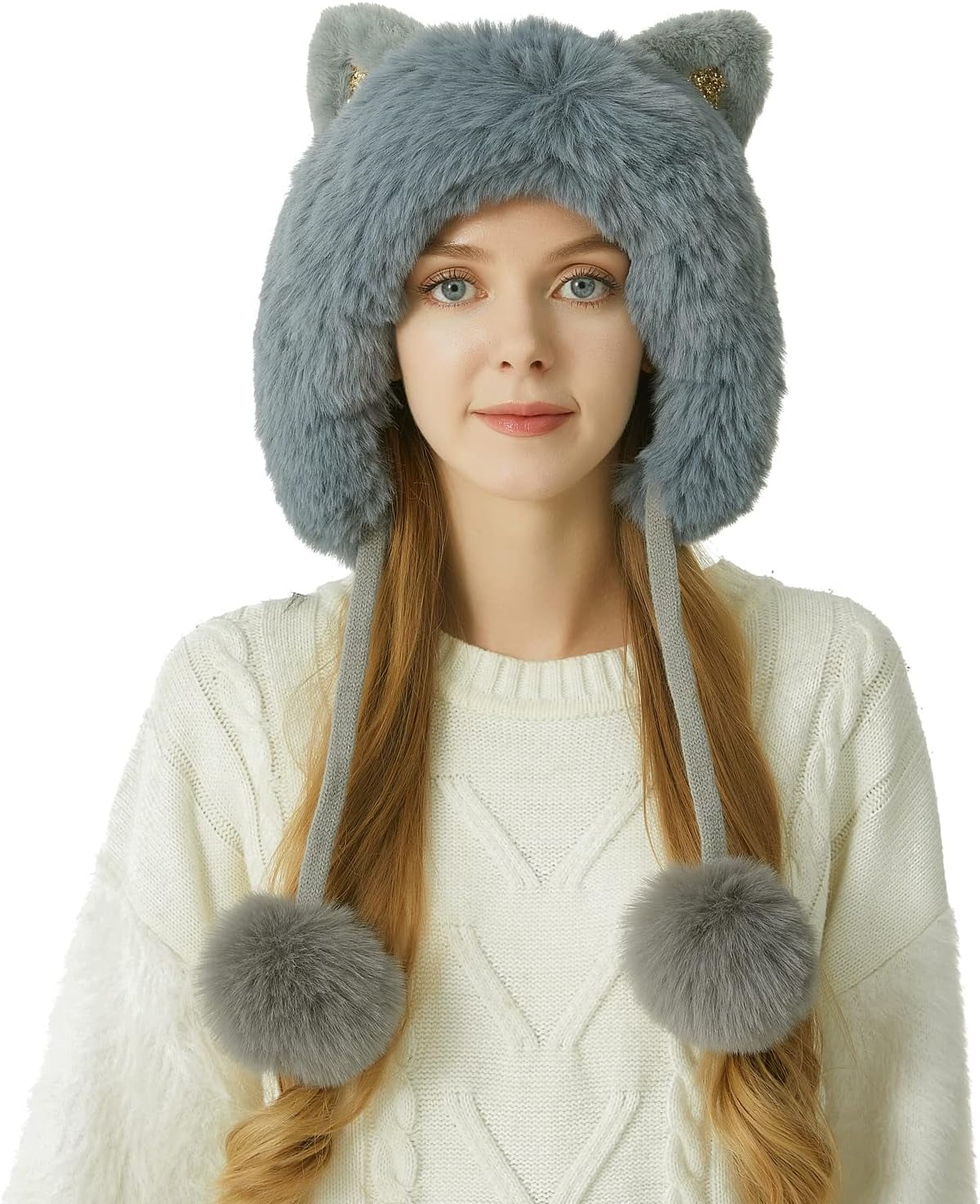 Women Winter Cover Ears Beanie Hat Ear Flaps Ski Snow Hats Knit Fleece Lined 3 Pom Pom
