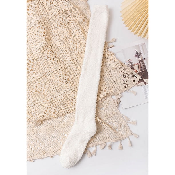 Xiao Hua Calcetines de felpa hasta la rodilla, suaves y largos, hasta el muslo, cálidos, pantuflas cómodas, calcetines de felpa - blancos, 1 par