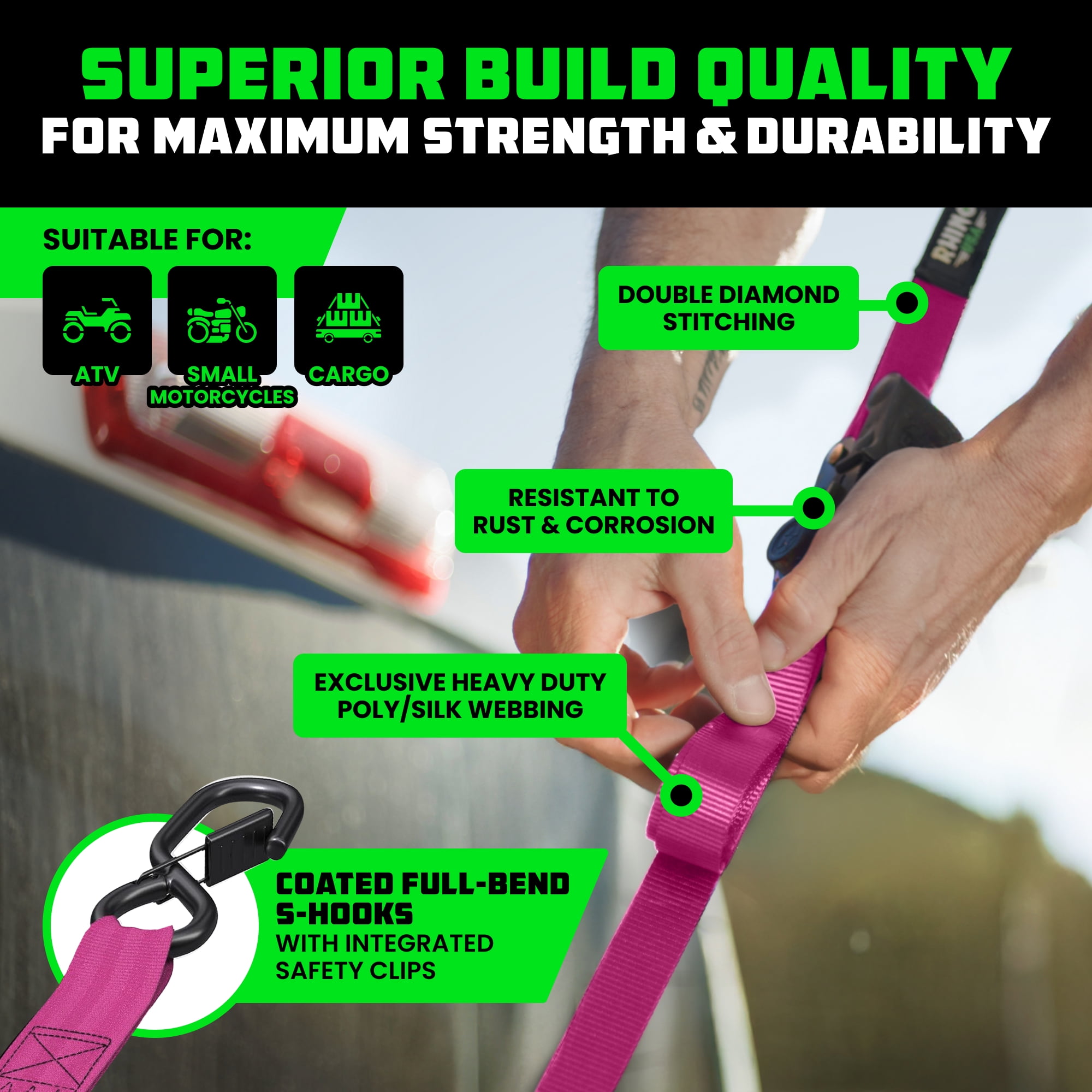 Rhino USA Retractable Ratchet Straps (2-Pack) - 1 Inch x 10 Feet (1,209lb Break Strength) - Auto Self Retracting Tie Down Straps for Truck, Cargo Trailer, Motorcycle, ATV, UTV - Pink