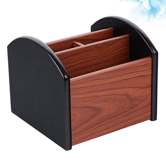 Dark Red Plastic Desk Organizer with Wood Grain Texture, Compact Storage Container for Office Supplies, 7.5 x 5.2 x 3.1 Inches