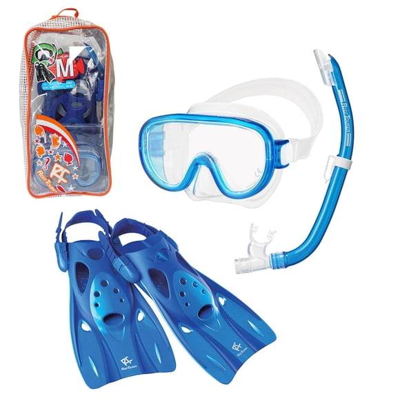 Reef Tourer Máscara, Tubo y Aletas para Adultos con una Sola Ventana y Bolsa de Viaje, Azul, Talla Mediana (4-9)