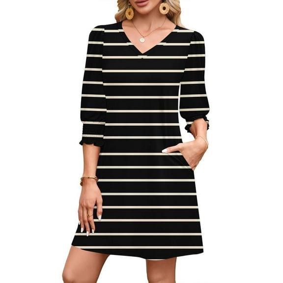 Qulqfy Women Dress Mini Black Casual 3/4 Sleeve Striped Tunic V Neck Short Dresses Fall Dresses for Women L
