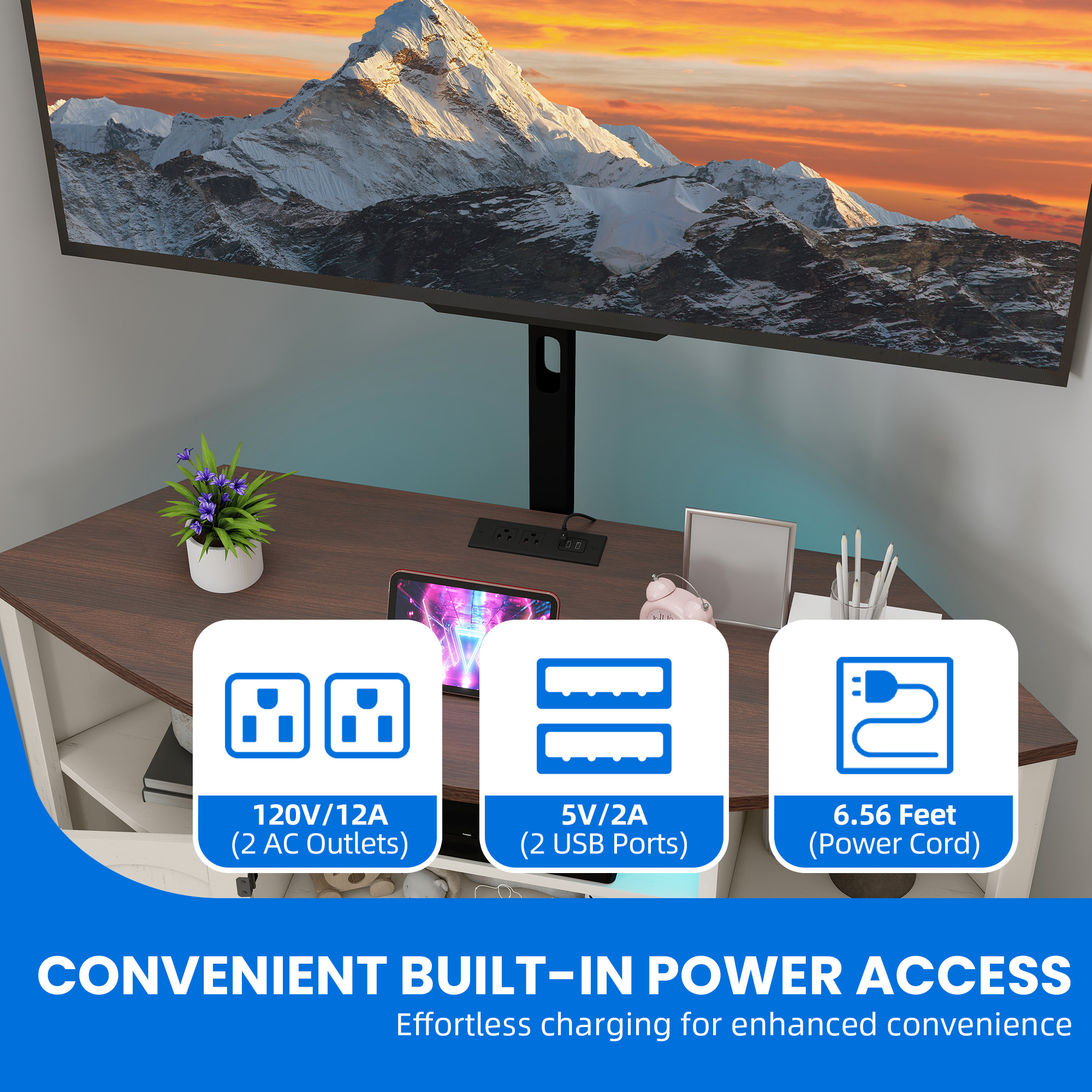 Dextrus Corner TV Stand with Mount for 32-70 Inch TVs, LED Entertainment Center TV Table with Power Outlets