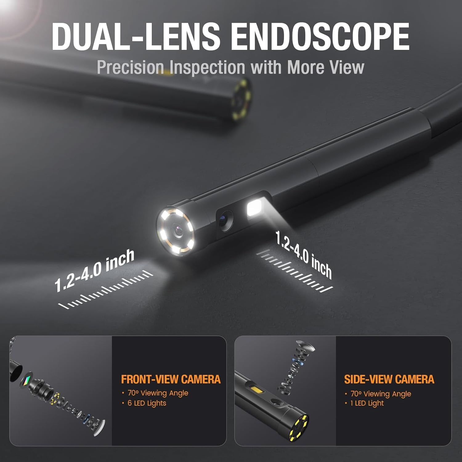 Teslong Endoscope with Light, Dual Lens Borescope 5'' HD Snake Inspection Camera Automotive Fiber Camera for Sewer Duct Plumbing Pipe (5ft)