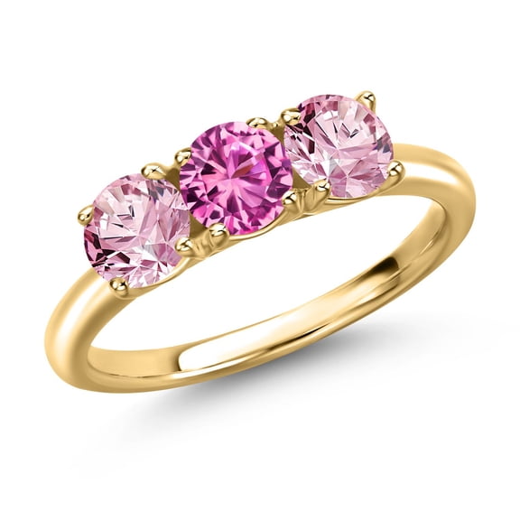 Gem Stone King 18K Yellow Gold Plated Silver Pink Created Sapphire and Pink Lab Grown Diamond Engagement Ring for Women | 1.55 Cttw | Round 5MM | Gemstone September Birthstone | Size 6