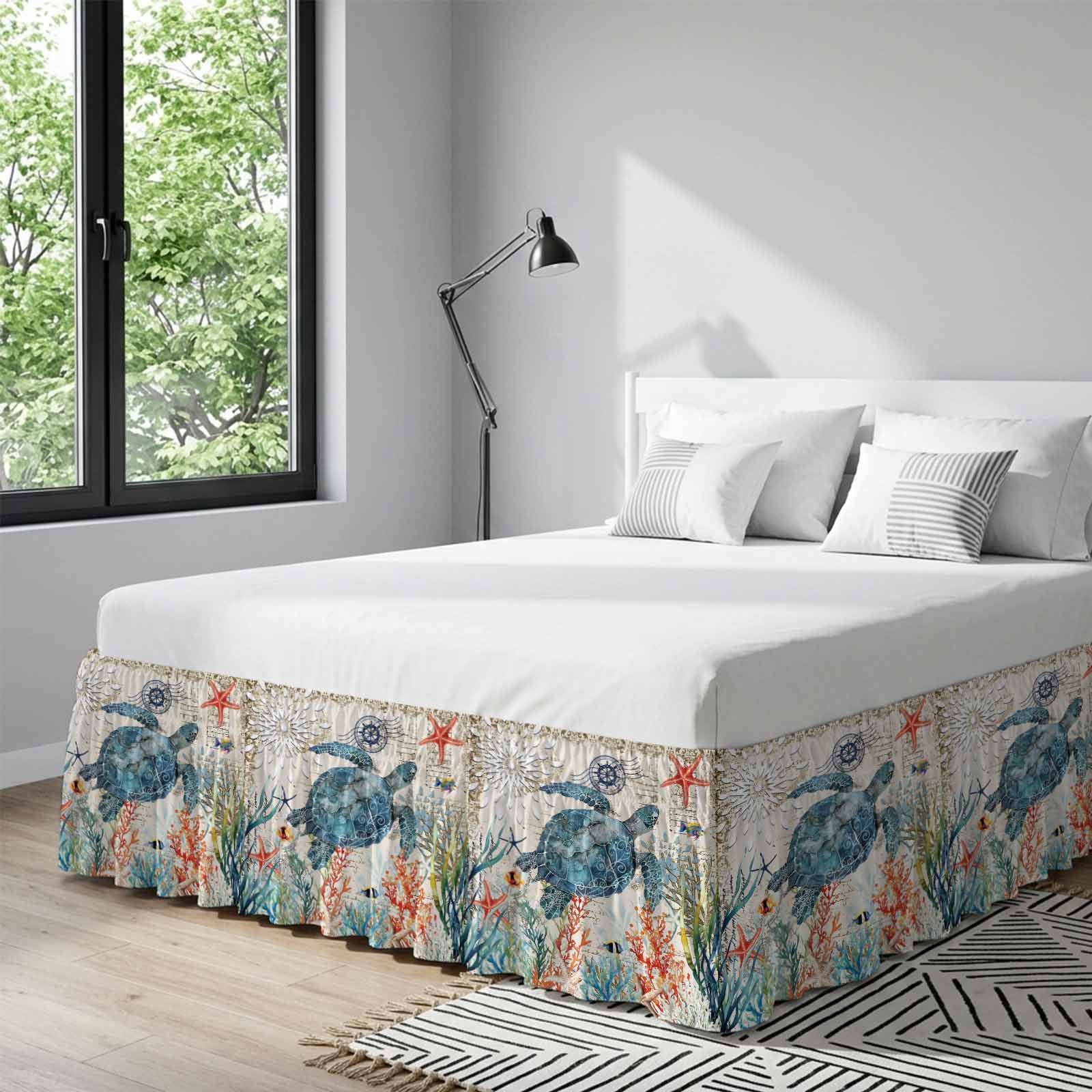 Sea Turtle Coastal Bed Skirt Queen Size 16 Inch Drop, Adjustable & Elastic Wrap Around Bed Skirts Pleated Dust Ruffles For Twin Full Queen Cal King Base Beds, Vintage Beach Coral Starfish Nautical