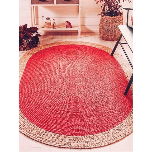 Indian Handmade Braided Inner Red Natural Jute Area Rug, Home Décor Rug, Jute Rug for Bedroom, Dining Room, living room, Doormat Rug Size - 5' x 8' Oval (150 cm x 240 cm)