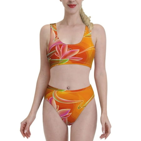 Bixox Orange Flower Psychedelic Pattern Two-Piece Sports Bikini with U-Shaped Top and High-Waist Bottom - Women s Swimwear with Removable Bra Pads