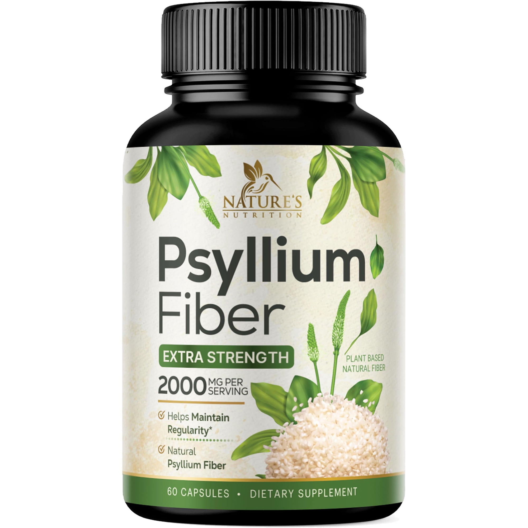 Psyllium Husk Powder 2000mg Supplement - Extra Strength Psyllium Fiber Powder - Natural Soluble Fiber Pills, Supports Digestion, Colon Health & Regularity, Gluten Free, Bottled in USA - 60 Capsules