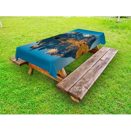 

Nature Outdoor Tablecloth Majestic Rocky Mountains with Reflections on the Lake Creek Idyllic Landscape Decorative Washable Fabric Picnic Table Cloth 58 X 84 Inches Blue and Brown by Ambesonne