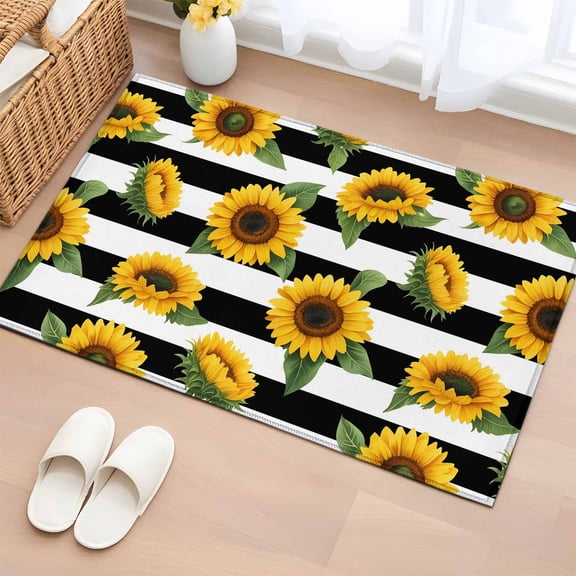 Entryway Rug 2'x3', Yellow Sunflowers Small Rug for Kitchen Bathroom Door Mat Indoor Entrance, Spring Floral Black Stripes Farmhouse Non-Slip Area Rugs Floor Mats Carpet Front Door Rugs