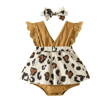 

Suanret Infant Girls Flying Sleeve Romper + Bow Headband Avocado Leopard Print Elastic Waist Summer Jumpsuit Dress Brown 6-12 Months