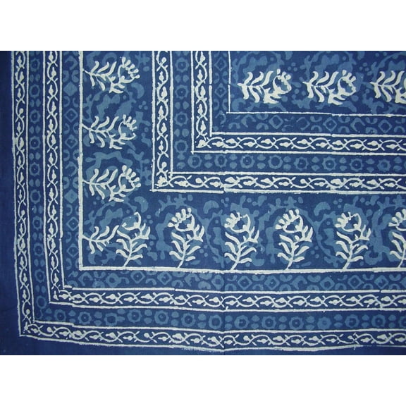 Block Print Square Cotton Tablecloth 58" x 58" Indigo Blue