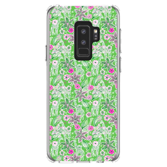 DistinctInk Clear Shockproof Hybrid Case for Samsung Galaxy S9  PLUS (6.2" Screen) - TPU Bumper, Acrylic Back, Tempered Glass Screen Protector - Preppy Pattern - Pink & Green Flowers Floral