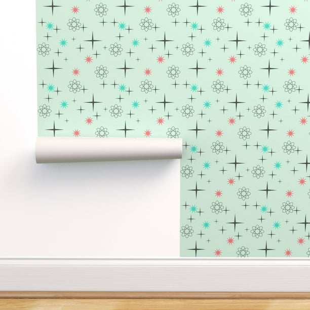 Peel & Stick Wallpaper 9ft x 2ft - Atomic Mint Mid Century Modern Retro Stars Science Custom Removable Wallpaper by Spoonflower