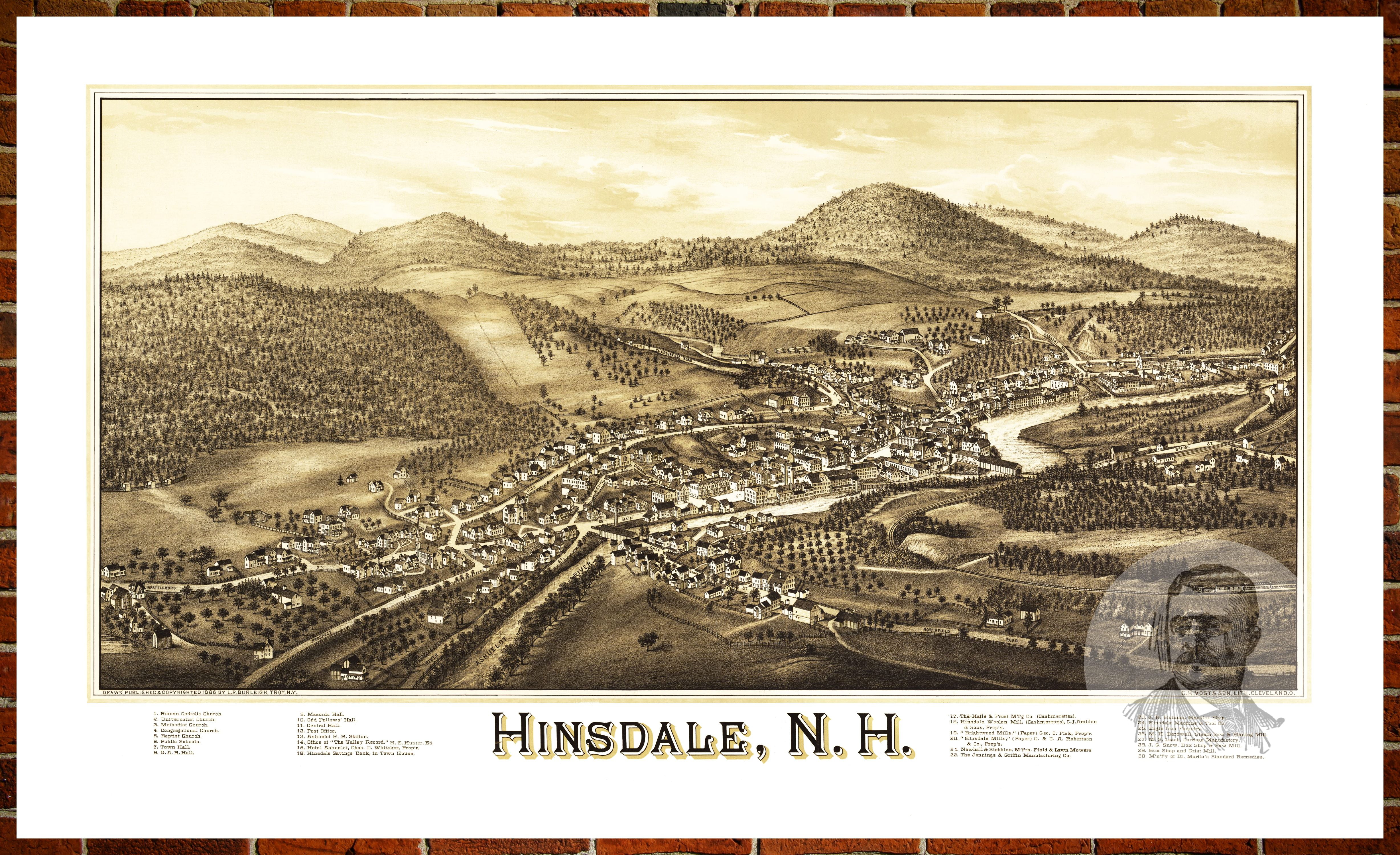 Ted S Vintage Art Map Of Hinsdale Nh 16 Old New Hampshire Decor 8 X 10 Walmart Com Walmart Com