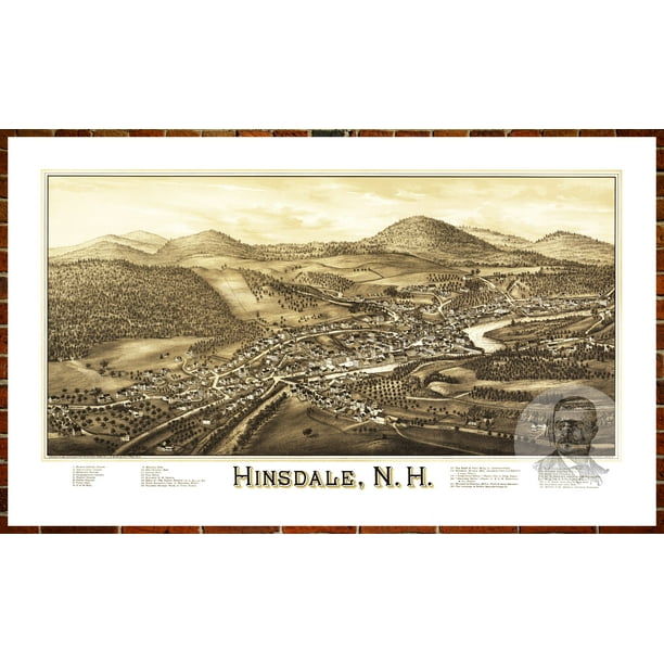 Ted's Vintage Art Map of Hinsdale, NH 1886; Old New Hampshire Decor 8