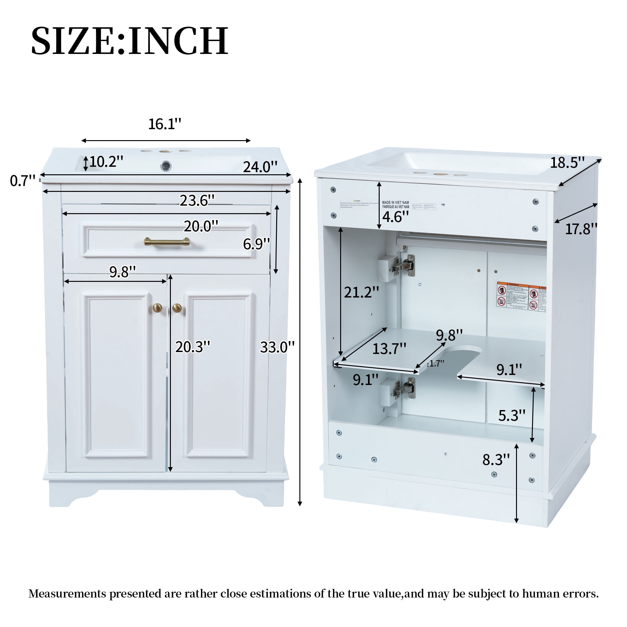 Euroco 24" Bathroom Vanity with Integrated Ceramic Sink, Bathroom Cabinet with 2 Doors, 1 Tip-Out Drawer, Single Sink Bathroom Vanity for Small and Medium Restroom, White
