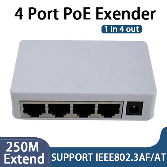 4 Port POE Extender 100Mbps 1 in 4 Out 250 Meters Network Switch Repeater IEEE802.3af/At for PoE Switch NVR IP Camera
