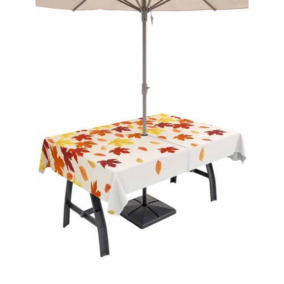 Outdoor Tablecloth with Umbrella Hole and Zipper, Fall Rectangle Table Cloth 60x84 Inch Waterproof Tablecloth, Gold Red Maple Leaf Thanksgiving Autumn Farmhouse Picnic Table Cover for Patio Camping