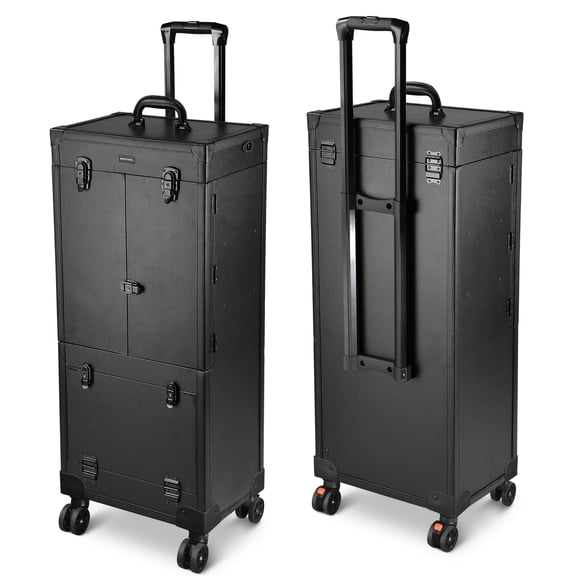 Byootique Black Rolling Makeup Case on Wheels Pro Cosmetic Artist Hair Stylist Barber Trolley Multifunction Lighted Lockable