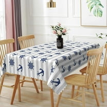 60x84inches Nautical Rectangle Tablecloth Blue Anchor Rudder Grey White Stripe Table Cloth Washable and Reusable Fabric Table Cover for Kitchen Dining Room Themed Birthday Wedding Party Decor