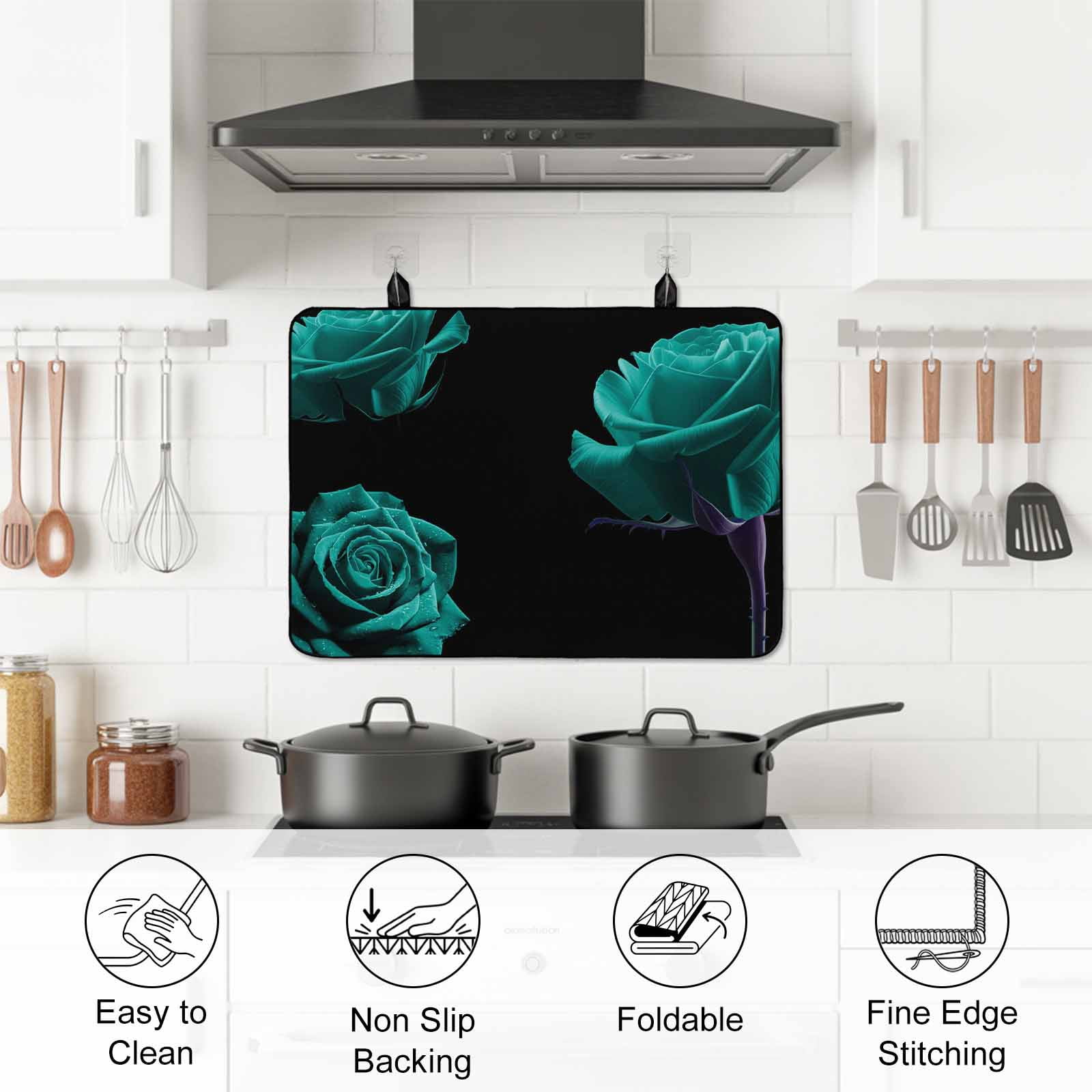 Teal Blue Rose Stove Top Cover for Electric Stove, Heat-proof & Non Slip Glass Top Stove Cover Protector, Vintage Abstract Garden Flower Floral Black Kitchen Flat Cooktop Rubber Mat 31x24 Inches