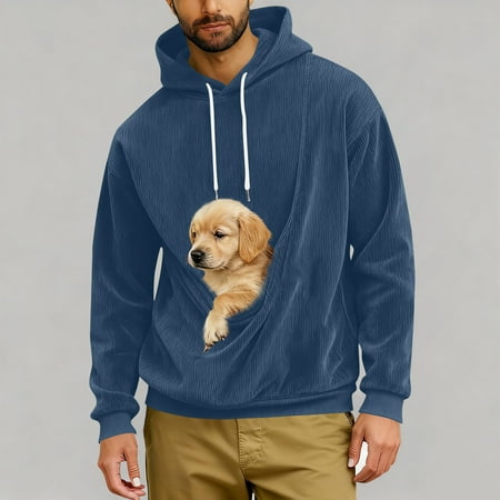 Dolkfu Pet Carrier Hoodies Men Pullover Corduroy Sweatshirts Kanga Pocket Loose Hooded Men Shirt XL
